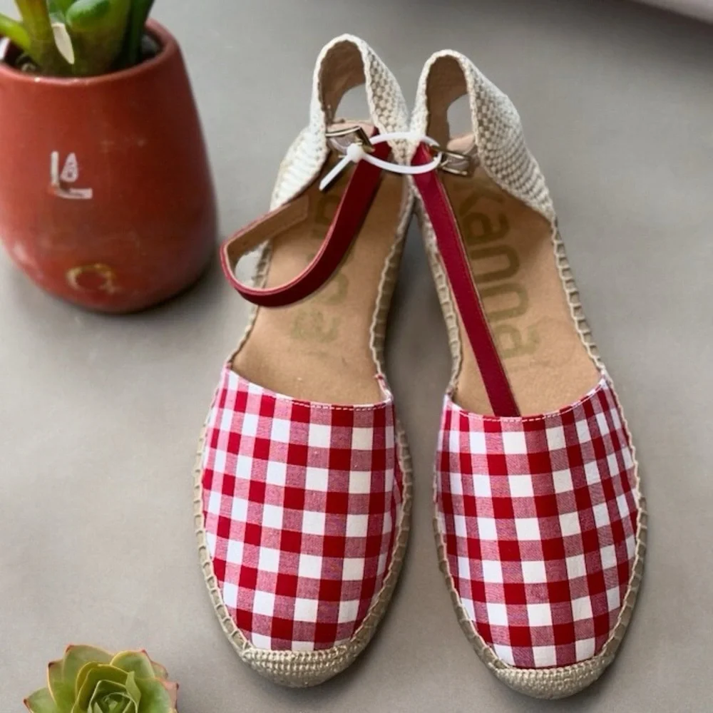 NEW Kanna Made In Spain Red Plaid Picnic Espadrille  Jute  EU 41 US10.5